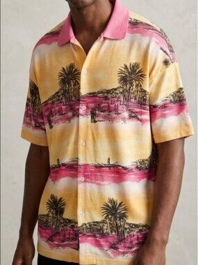 ASOS Hawaiian Sunset Palm Beach Retro Vacation Knit Polo Shirt SZ L